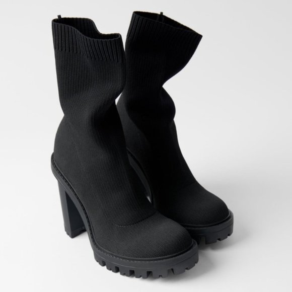 Zara Black Sock Style Heeled Ankle Boots With Lug Soles, 7.5 - Picture 1 of 15